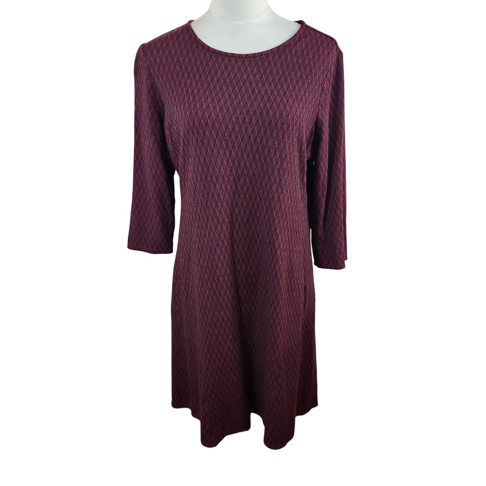 J. Jill Ponte Dress Womens Medium M Burgundy Black Diamond Print 3/4 Sleeve Knit